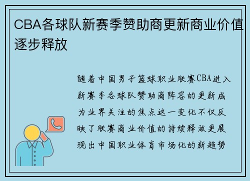 CBA各球队新赛季赞助商更新商业价值逐步释放